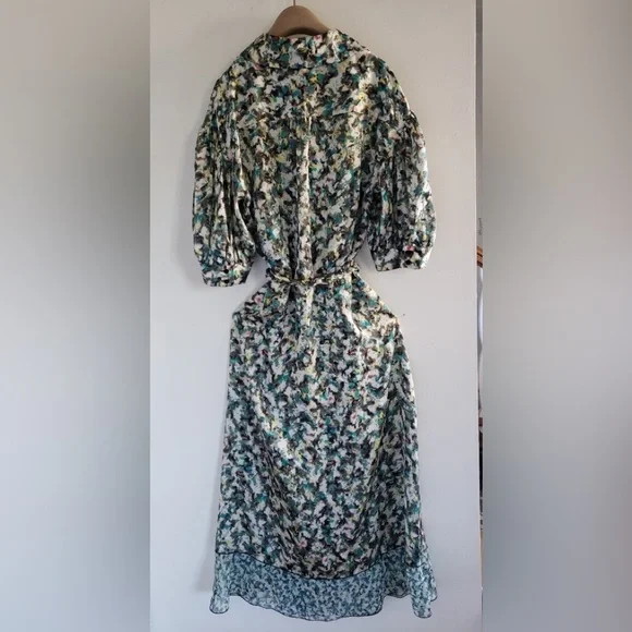 NWT DYVNA belted printed chiffon trimmed hammered silk satin midi length dress